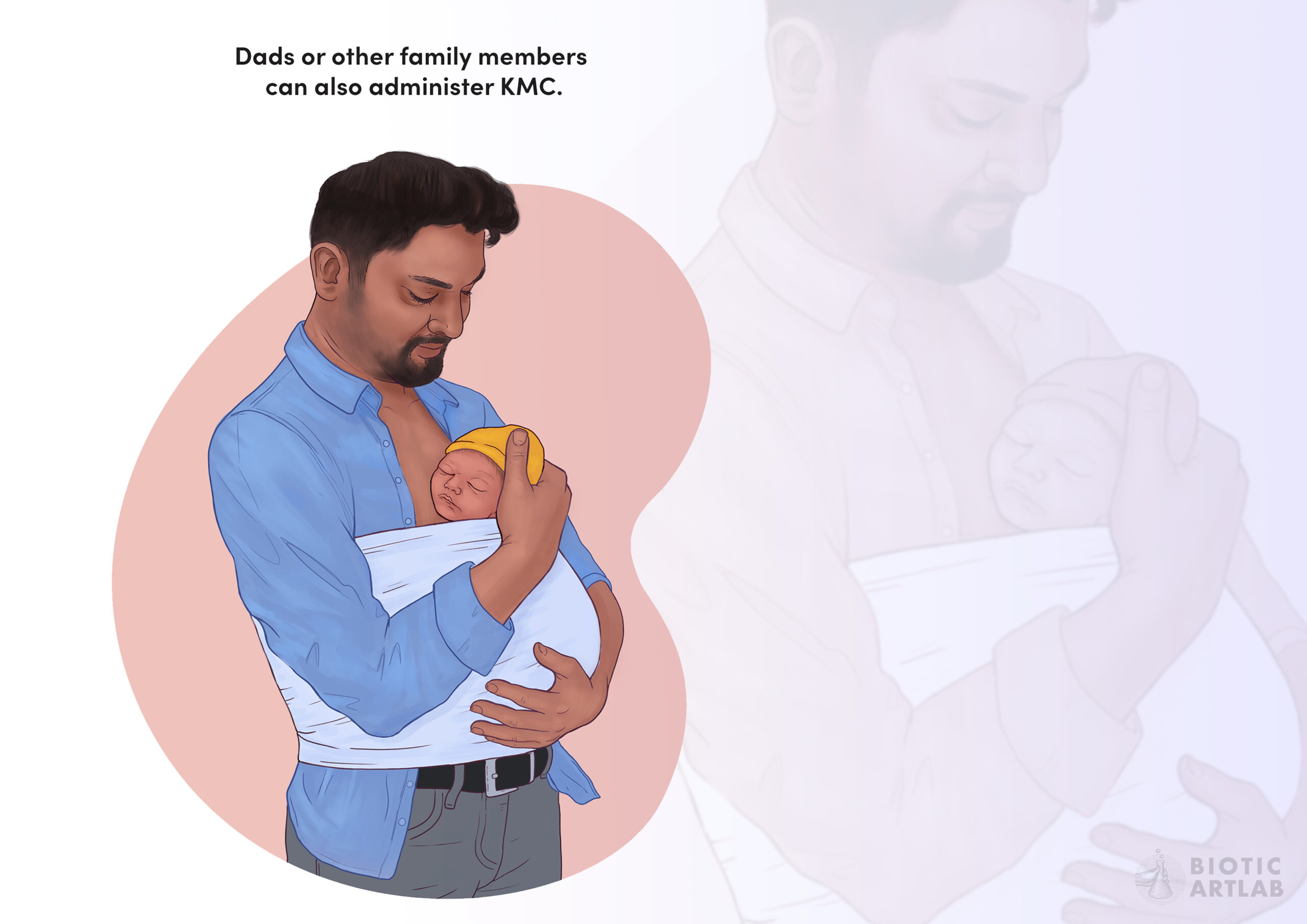 Father practicing kangaroo care with newborn – Bangladesh healthcare campaign illustration