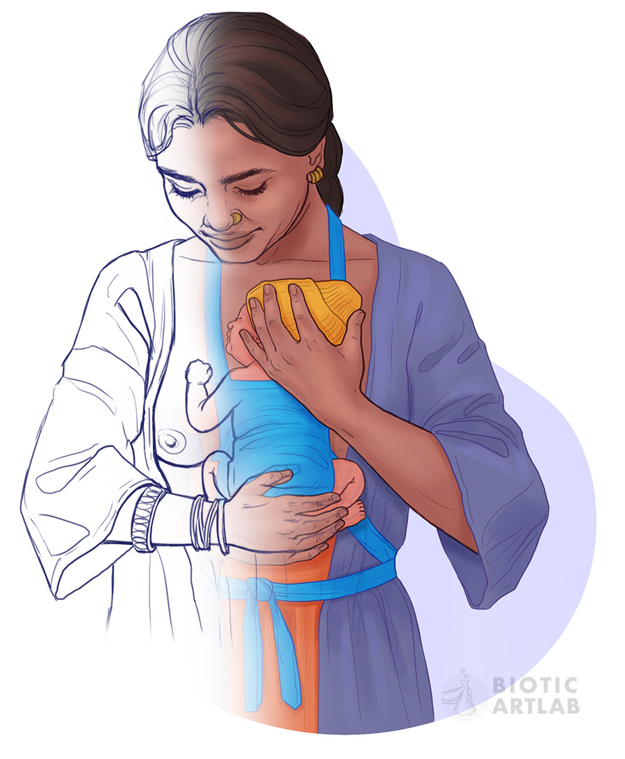 Kangaroo mother care medical illustration for Bangladesh neonatal healthcare campaign